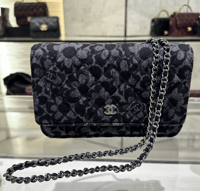 Black Denim Floral Wallet on Chain