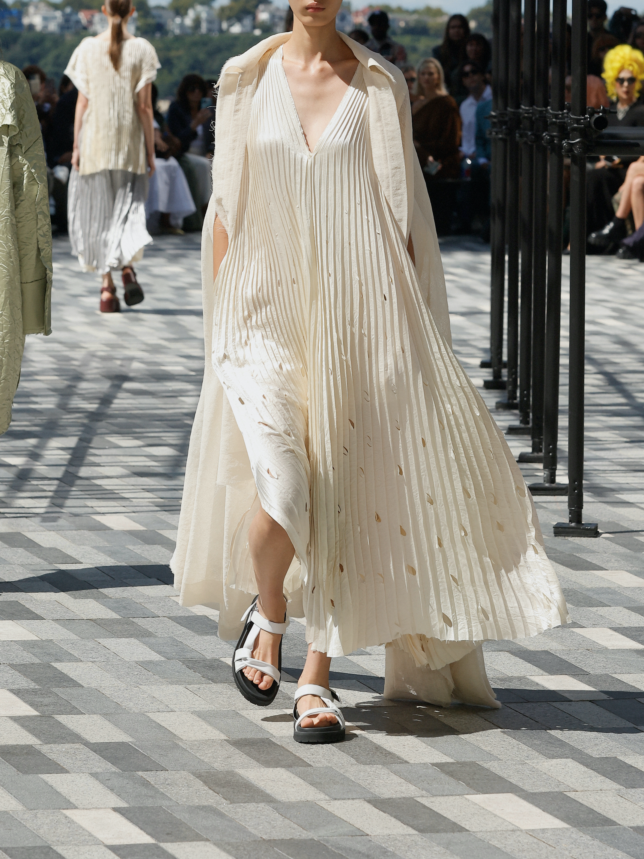 Jason Wu Collection PRE-ORDER V-Neck Crinkled Satin Pleated Trapeze Dress | Thumbnail 1