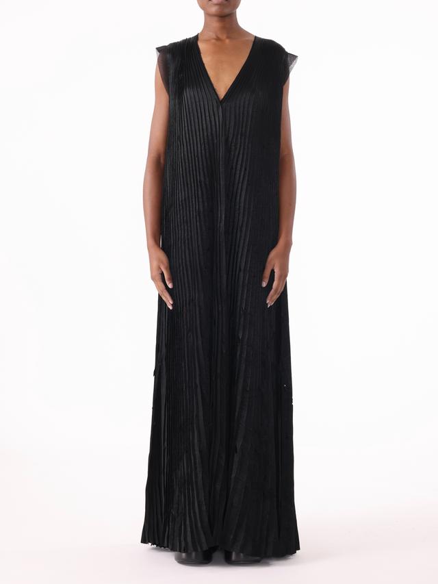 PRE-ORDER V-Neck Crinkled Satin Pleated Trapeze Dress