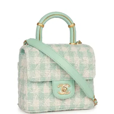 Chanel Chanel Mini Square Flap with Top Handle Turquoise and Ecru Tweed Antique Gold Hardware | Thumbnail 2 Chanel Chanel Mini Square Flap with Top Handle Turquoise and Ecru Tweed Antique Gold Hardware | Thumbnail 2