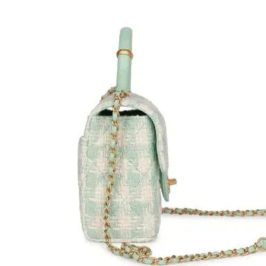 Chanel Chanel Mini Square Flap with Top Handle Turquoise and Ecru Tweed Antique Gold Hardware | Thumbnail 3 Chanel Chanel Mini Square Flap with Top Handle Turquoise and Ecru Tweed Antique Gold Hardware | Thumbnail 3