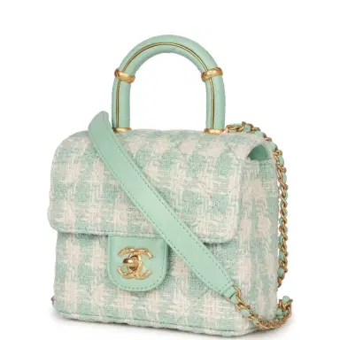 Chanel Chanel Mini Square Flap with Top Handle Turquoise and Ecru Tweed Antique Gold Hardware | Thumbnail 5 Chanel Chanel Mini Square Flap with Top Handle Turquoise and Ecru Tweed Antique Gold Hardware | Thumbnail 5