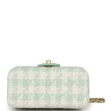 Chanel Chanel Mini Square Flap with Top Handle Turquoise and Ecru Tweed Antique Gold Hardware | Thumbnail 6 Chanel Chanel Mini Square Flap with Top Handle Turquoise and Ecru Tweed Antique Gold Hardware | Thumbnail 6