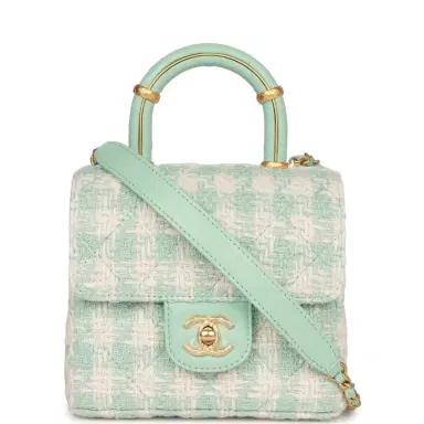 Chanel Chanel Mini Square Flap with Top Handle Turquoise and Ecru Tweed Antique Gold Hardware | Thumbnail 1 Chanel Chanel Mini Square Flap with Top Handle Turquoise and Ecru Tweed Antique Gold Hardware | Thumbnail 1