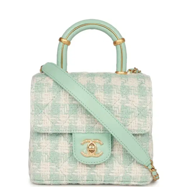 Chanel Chanel Mini Square Flap with Top Handle Turquoise and Ecru Tweed Antique Gold Hardware