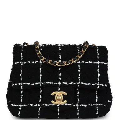 Chanel Chanel Pearl Crush Mini Square Flap Bag White and Black Tweed Antique Gold Hardware | Thumbnail 1
