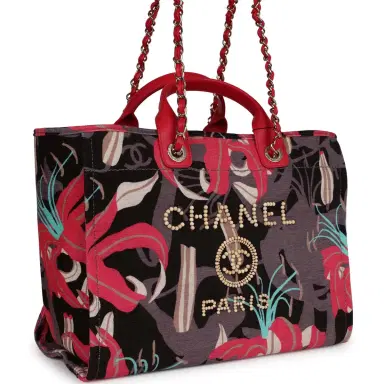Chanel Chanel Small Deauville Shopping Bag Grey and Pink Tropical Floral Velvet Light Gold Hardware | Thumbnail 2 Chanel Chanel Small Deauville Shopping Bag Grey and Pink Tropical Floral Velvet Light Gold Hardware | Thumbnail 2