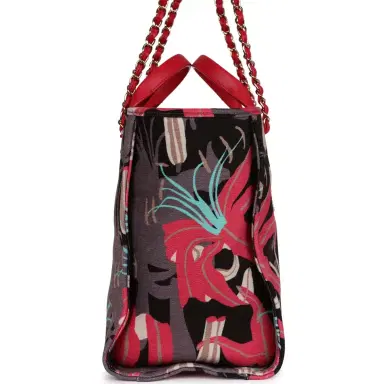 Chanel Chanel Small Deauville Shopping Bag Grey and Pink Tropical Floral Velvet Light Gold Hardware | Thumbnail 3 Chanel Chanel Small Deauville Shopping Bag Grey and Pink Tropical Floral Velvet Light Gold Hardware | Thumbnail 3