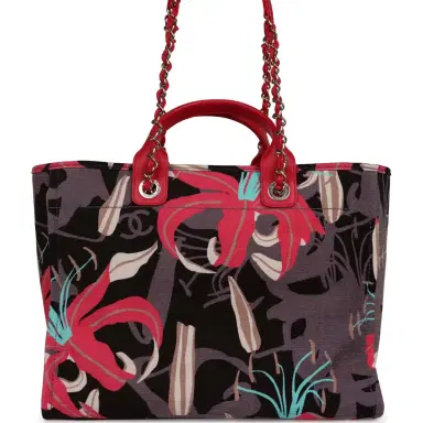 Chanel Chanel Small Deauville Shopping Bag Grey and Pink Tropical Floral Velvet Light Gold Hardware | Thumbnail 4 Chanel Chanel Small Deauville Shopping Bag Grey and Pink Tropical Floral Velvet Light Gold Hardware | Thumbnail 4