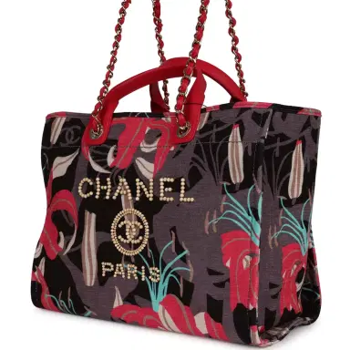 Chanel Chanel Small Deauville Shopping Bag Grey and Pink Tropical Floral Velvet Light Gold Hardware | Thumbnail 5 Chanel Chanel Small Deauville Shopping Bag Grey and Pink Tropical Floral Velvet Light Gold Hardware | Thumbnail 5