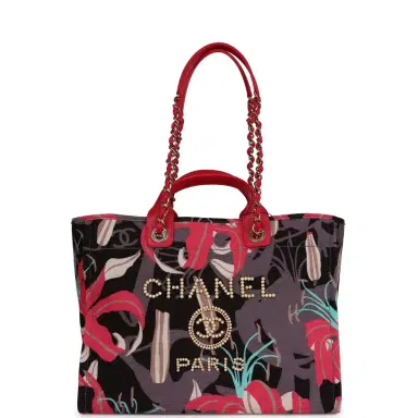 Chanel Chanel Small Deauville Shopping Bag Grey and Pink Tropical Floral Velvet Light Gold Hardware | Thumbnail 8 Chanel Chanel Small Deauville Shopping Bag Grey and Pink Tropical Floral Velvet Light Gold Hardware | Thumbnail 8