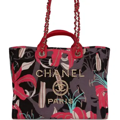 Chanel Chanel Small Deauville Shopping Bag Grey and Pink Tropical Floral Velvet Light Gold Hardware | Thumbnail 1 Chanel Chanel Small Deauville Shopping Bag Grey and Pink Tropical Floral Velvet Light Gold Hardware | Thumbnail 1