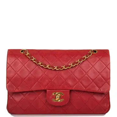 Chanel Chanel Vintage Red Quilted Lambskin Medium Classic Double Flap Bag Gold Hardware (Preloved - Very Good) | Thumbnail 1 Chanel Chanel Vintage Red Quilted Lambskin Medium Classic Double Flap Bag Gold Hardware (Preloved - Very Good) | Thumbnail 1