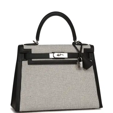HERMÈS Hermes Quadrille Kelly Sellier 28 Black Toile and Swift Palladium Hardware | Thumbnail 2