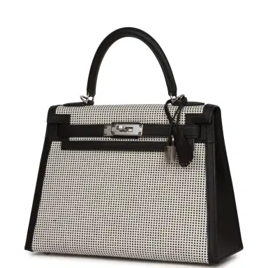 HERMÈS Hermes Quadrille Kelly Sellier 28 Black Toile and Swift Palladium Hardware | Thumbnail 5