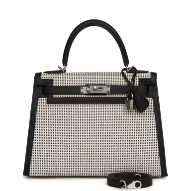 HERMÈS Hermes Quadrille Kelly Sellier 28 Black Toile and Swift Palladium Hardware | Thumbnail 1