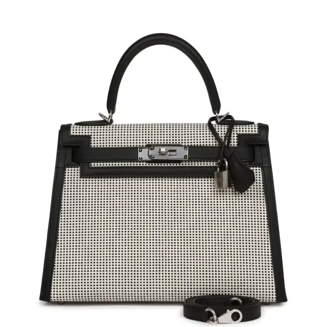 hermes Hermes Quadrille Kelly Sellier 28 Black Toile and Swift Palladium Hardware