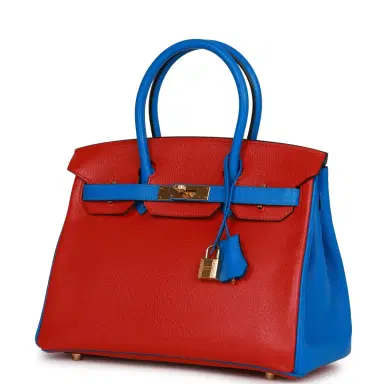 HERMÈS Hermes Special Order (HSS) Birkin 30 Rouge de Coeur and Bleu Hydra Chevre Gold Hardware | Thumbnail 5 HERMÈS Hermes Special Order (HSS) Birkin 30 Rouge de Coeur and Bleu Hydra Chevre Gold Hardware | Thumbnail 5