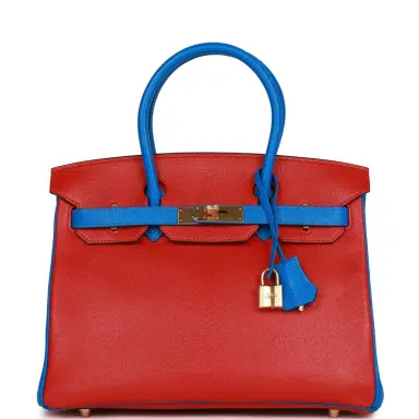 HERMÈS Hermes Special Order (HSS) Birkin 30 Rouge de Coeur and Bleu Hydra Chevre Gold Hardware | Thumbnail 1 HERMÈS Hermes Special Order (HSS) Birkin 30 Rouge de Coeur and Bleu Hydra Chevre Gold Hardware | Thumbnail 1