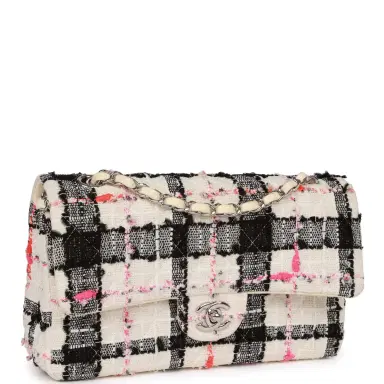 Chanel Pre-owned Chanel Medium Classic Double Flap Bag White, Black, and Pink Tweed Silver Hardware | Thumbnail 2 Chanel Pre-owned Chanel Medium Classic Double Flap Bag White, Black, and Pink Tweed Silver Hardware | Thumbnail 2