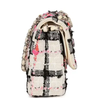 Chanel Pre-owned Chanel Medium Classic Double Flap Bag White, Black, and Pink Tweed Silver Hardware | Thumbnail 3 Chanel Pre-owned Chanel Medium Classic Double Flap Bag White, Black, and Pink Tweed Silver Hardware | Thumbnail 3