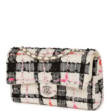 Chanel Pre-owned Chanel Medium Classic Double Flap Bag White, Black, and Pink Tweed Silver Hardware | Thumbnail 5 Chanel Pre-owned Chanel Medium Classic Double Flap Bag White, Black, and Pink Tweed Silver Hardware | Thumbnail 5