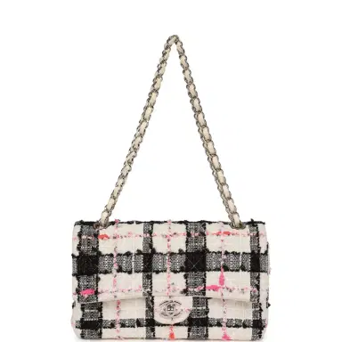 Chanel Pre-owned Chanel Medium Classic Double Flap Bag White, Black, and Pink Tweed Silver Hardware | Thumbnail 7 Chanel Pre-owned Chanel Medium Classic Double Flap Bag White, Black, and Pink Tweed Silver Hardware | Thumbnail 7