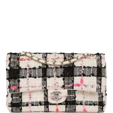 Chanel Pre-owned Chanel Medium Classic Double Flap Bag White, Black, and Pink Tweed Silver Hardware | Thumbnail 1 Chanel Pre-owned Chanel Medium Classic Double Flap Bag White, Black, and Pink Tweed Silver Hardware | Thumbnail 1