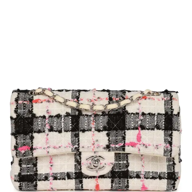 Chanel Pre-owned Chanel Medium Classic Double Flap Bag White, Black, and Pink Tweed Silver Hardware