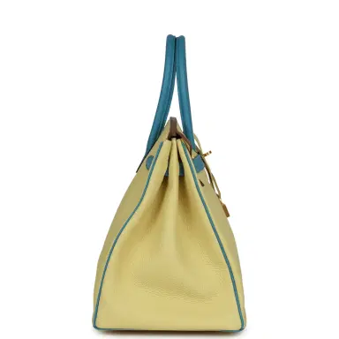 HERMÈS Pre-owned Hermes Special Order (HSS) Birkin 35 Jaune Poussin and Bleu Paradise Togo Brushed Gold Hardware | Thumbnail 3 HERMÈS Pre-owned Hermes Special Order (HSS) Birkin 35 Jaune Poussin and Bleu Paradise Togo Brushed Gold Hardware | Thumbnail 3