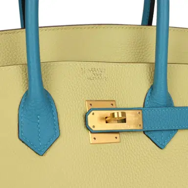 HERMÈS Pre-owned Hermes Special Order (HSS) Birkin 35 Jaune Poussin and Bleu Paradise Togo Brushed Gold Hardware | Thumbnail 7 HERMÈS Pre-owned Hermes Special Order (HSS) Birkin 35 Jaune Poussin and Bleu Paradise Togo Brushed Gold Hardware | Thumbnail 7