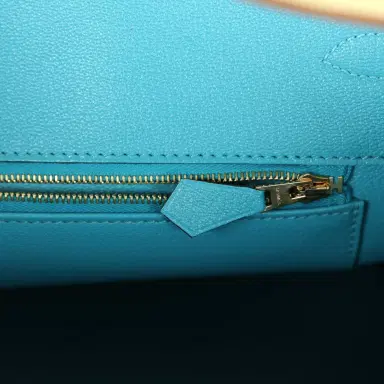 HERMÈS Pre-owned Hermes Special Order (HSS) Birkin 35 Jaune Poussin and Bleu Paradise Togo Brushed Gold Hardware | Thumbnail 9 HERMÈS Pre-owned Hermes Special Order (HSS) Birkin 35 Jaune Poussin and Bleu Paradise Togo Brushed Gold Hardware | Thumbnail 9