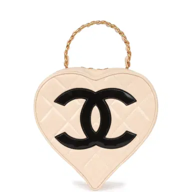 Chanel Vintage Chanel Heart Vanity Bag Beige and Black Patent Antique Gold Hardware | Thumbnail 1