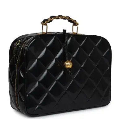 Chanel Vintage Chanel Lunchbox Vanity Black Patent Leather Gold Hardware | Thumbnail 2