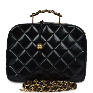 Chanel Vintage Chanel Lunchbox Vanity Black Patent Leather Gold Hardware | Thumbnail 1