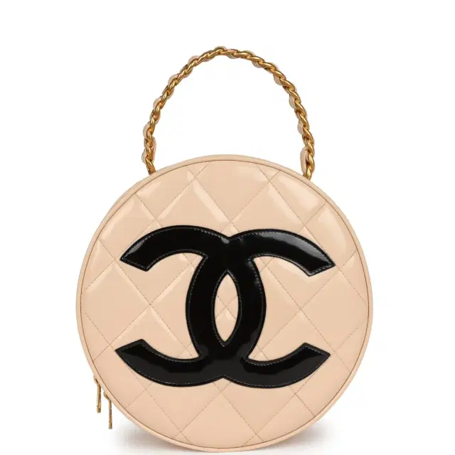 Chanel Vintage Chanel Round Vanity Bag Beige and Black Patent Leather Antique Gold Hardware