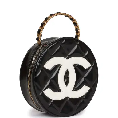 Chanel Vintage Chanel Round Vanity Bag Black and White Patent Leather Antique Gold Hardware | Thumbnail 2
