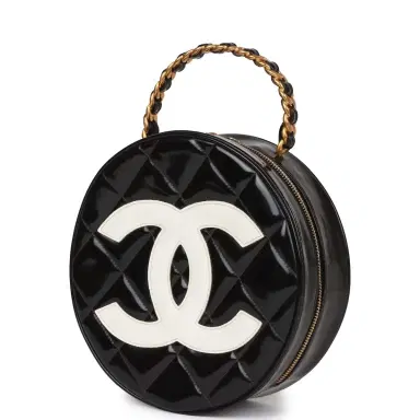 Chanel Vintage Chanel Round Vanity Bag Black and White Patent Leather Antique Gold Hardware | Thumbnail 4