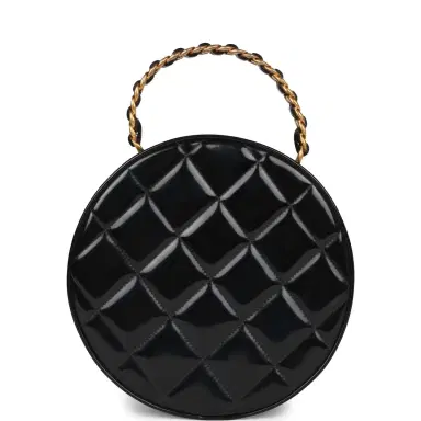 Chanel Vintage Chanel Round Vanity Bag Black and White Patent Leather Antique Gold Hardware | Thumbnail 5
