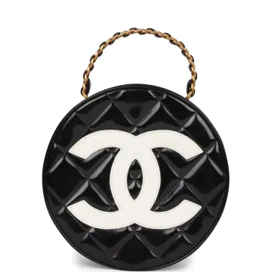 Chanel Vintage Chanel Round Vanity Bag Black and White Patent Leather Antique Gold Hardware | Thumbnail 1