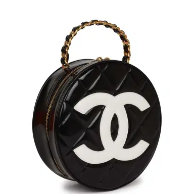 Chanel Vintage Chanel Round Vanity Bag Black and White Patent Leather Antique Gold Hardware | Thumbnail 2