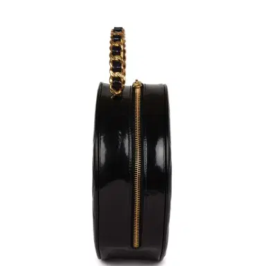 Chanel Vintage Chanel Round Vanity Bag Black and White Patent Leather Antique Gold Hardware | Thumbnail 3