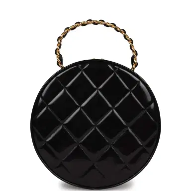 Chanel Vintage Chanel Round Vanity Bag Black and White Patent Leather Antique Gold Hardware | Thumbnail 4