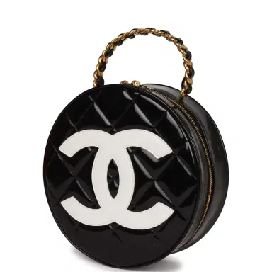 Chanel Vintage Chanel Round Vanity Bag Black and White Patent Leather Antique Gold Hardware | Thumbnail 5