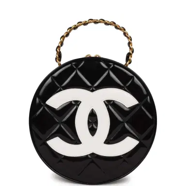 Chanel Vintage Chanel Round Vanity Bag Black and White Patent Leather Antique Gold Hardware | Thumbnail 1