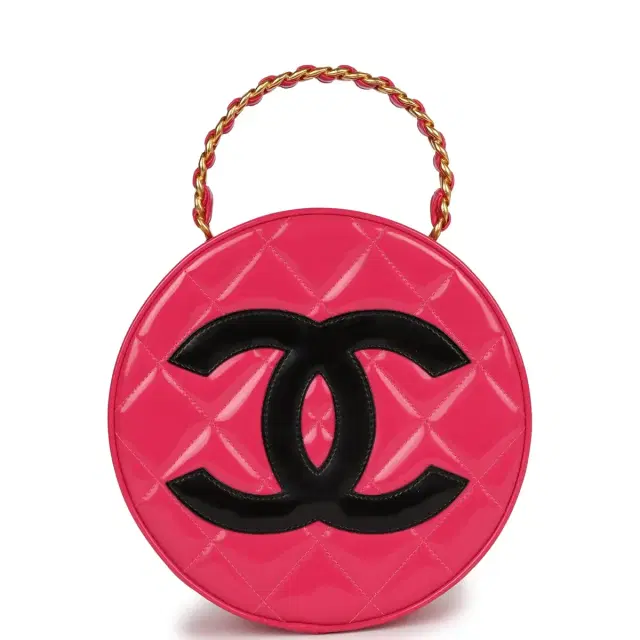 Vintage Chanel Round Vanity Bag Pink and Black Patent Leather Antique Gold Hardware