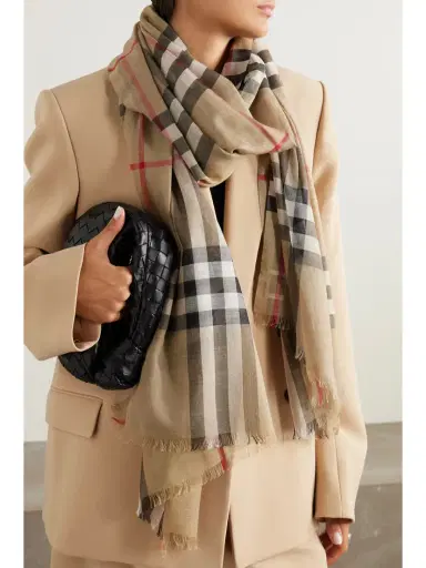 Burberry Fringed Checked Wool And Silk-blend Scarf | Thumbnail 2 Burberry Fringed Checked Wool And Silk-blend Scarf | Thumbnail 2