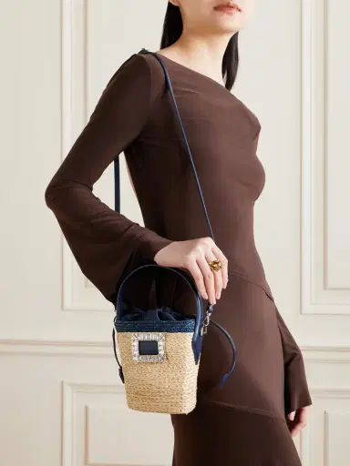 Roger Vivier Viv Skate Mini Crystal-embellished Leather-trimmed Raffia Bucket Bag | Thumbnail 2 Roger Vivier Viv Skate Mini Crystal-embellished Leather-trimmed Raffia Bucket Bag | Thumbnail 2