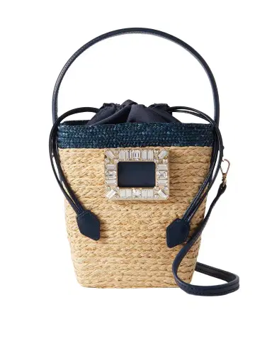 Roger Vivier Viv Skate Mini Crystal-embellished Leather-trimmed Raffia Bucket Bag | Thumbnail 1 Roger Vivier Viv Skate Mini Crystal-embellished Leather-trimmed Raffia Bucket Bag | Thumbnail 1