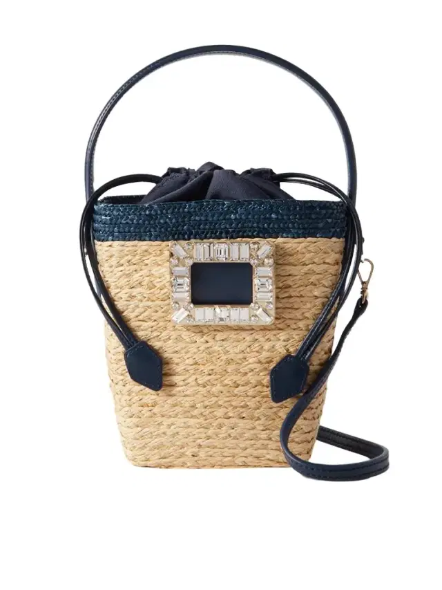 Roger Vivier Viv Skate Mini Crystal-embellished Leather-trimmed Raffia Bucket Bag